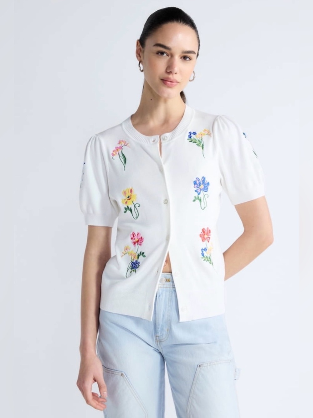 Free Assembly Women’s Embroidered Cardigan Sweater with Puff Sleeves